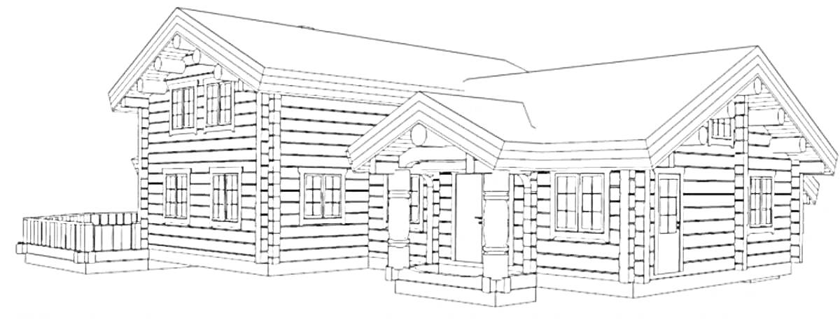 Раскраска Русская изба с двумя этажами и террасой