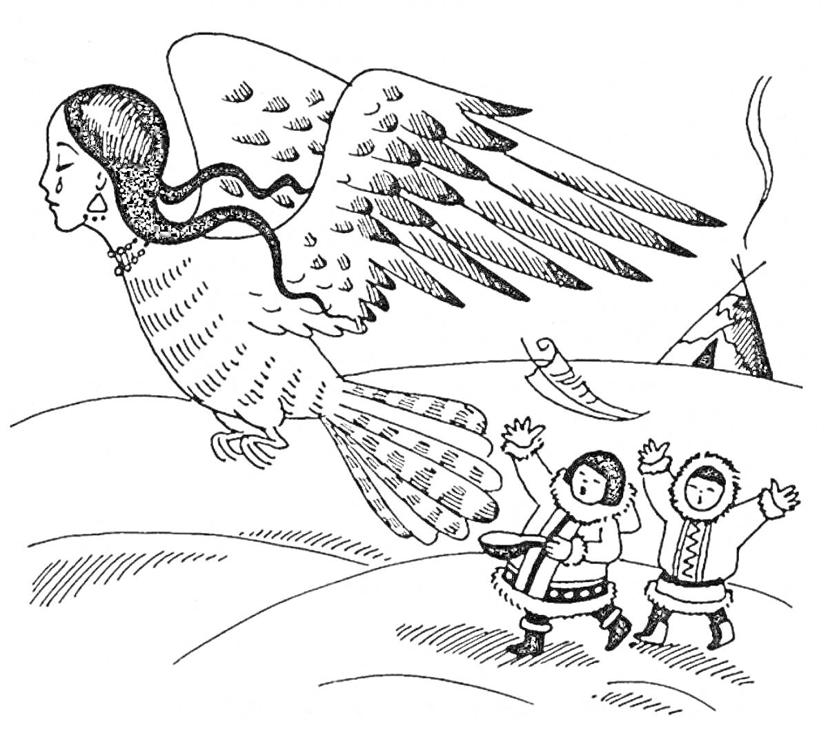 Раскраска Орел с человеческим лицом, два ребенка в традиционной одежде, чум на фоне