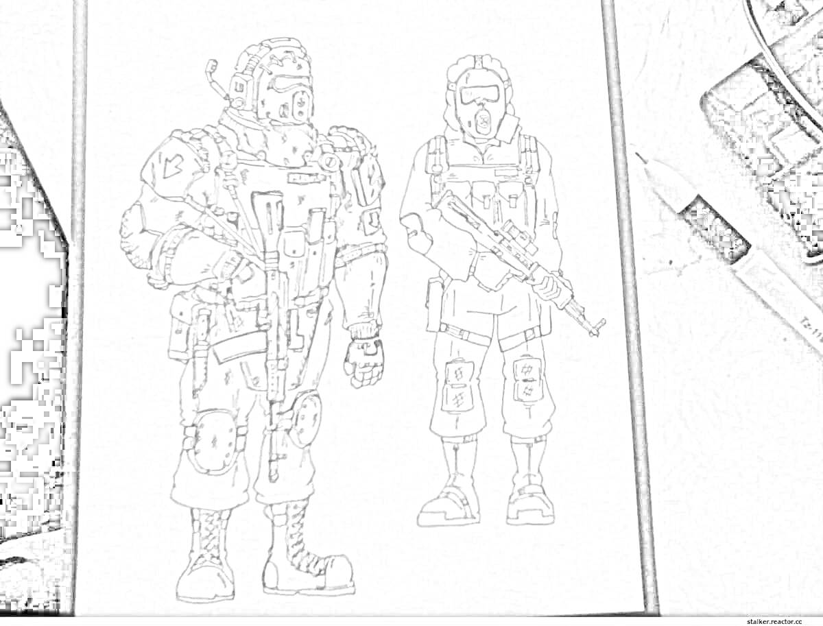 На раскраске изображено: Сталкер, Защитная экипировка, Оружие, Блокнот, Небо