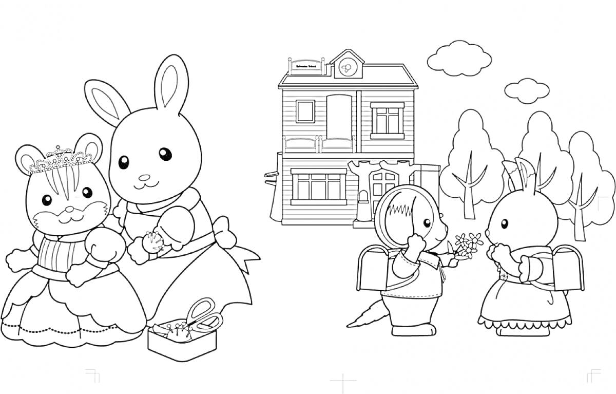Раскраска Две крысы в платьях и на заднем плане два маленьких зверька с рюкзаками, дом, деревья и облака