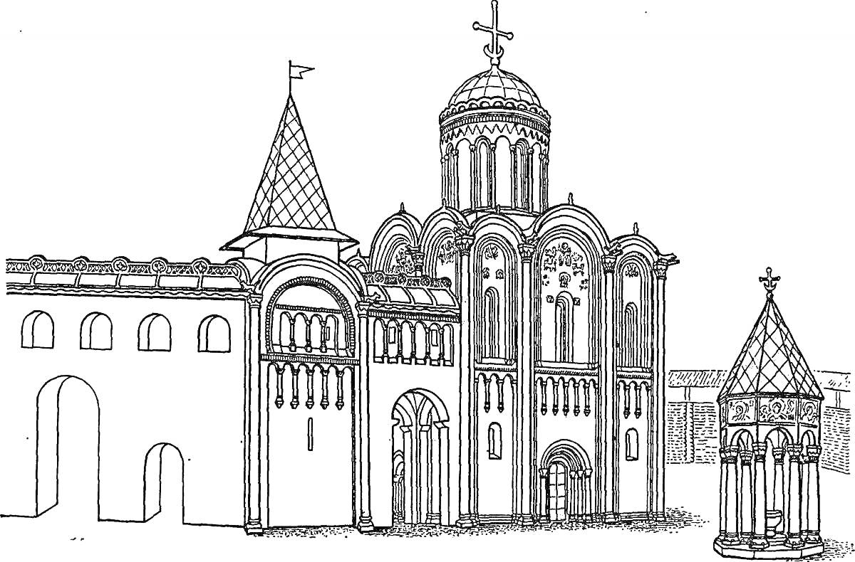 Раскраска Ворота и собор: архитектурные элементы с башней, арками и куполами