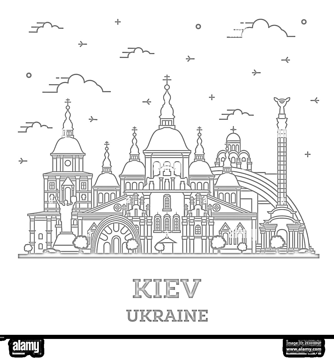 На раскраске изображено: Киев, Украина, Архитектура, Соборы, Памятники, Облака