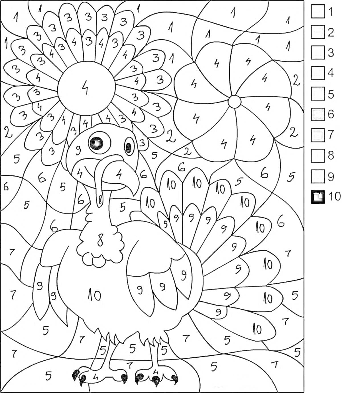 На раскраске изображено: По номерам, Цифры, До 10, Индейка, Цветы, Детское творчество, Животные