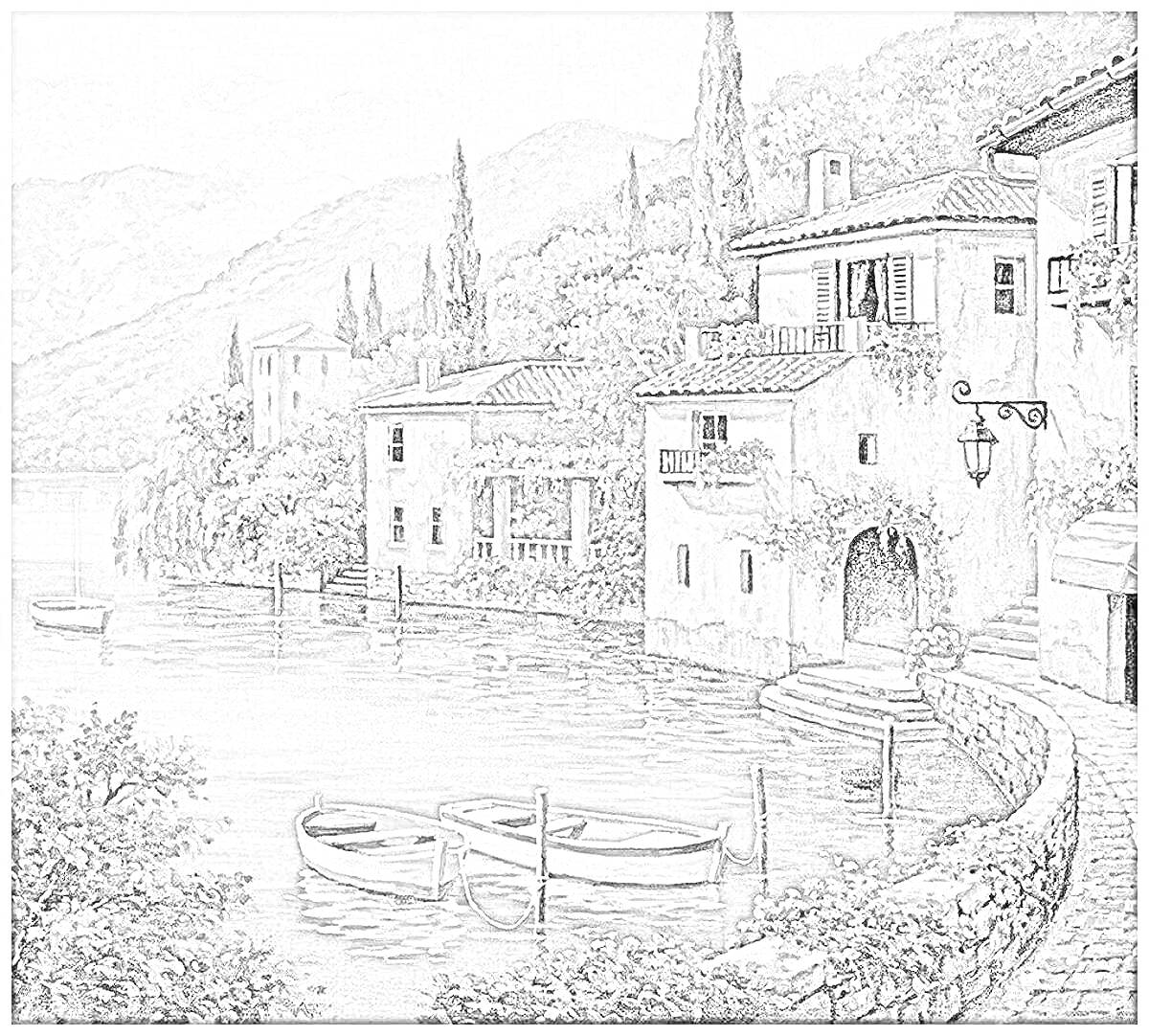 Раскраска Вид на деревню Хобарт, домики у воды, лодки, деревья, горы