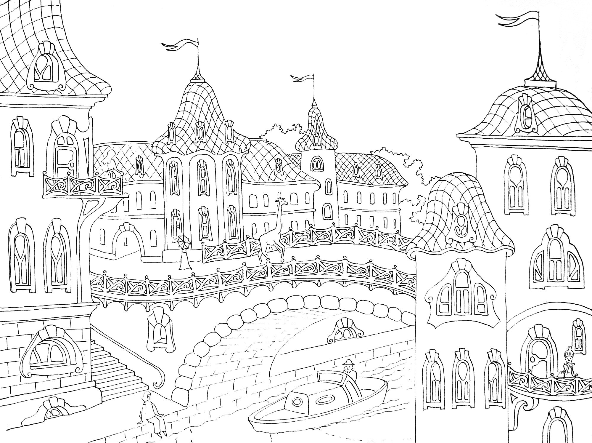 Раскраска Антистресс город с мостом, зданиями с узорчатыми крышами, флагами и лодкой на реке