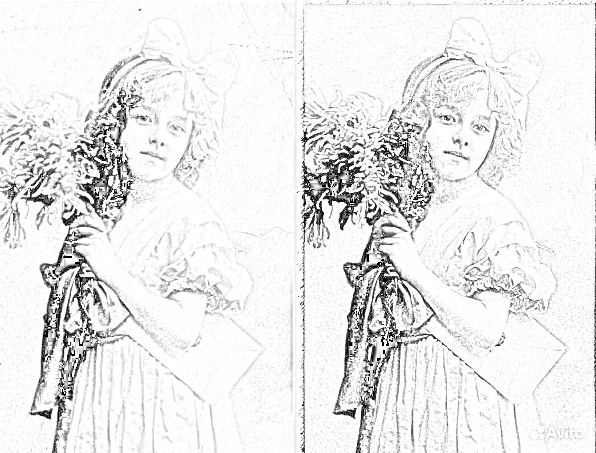 На раскраске изображено: Девочка, Бант, Букет цветов, Старое фото, Ретро, Винтаж