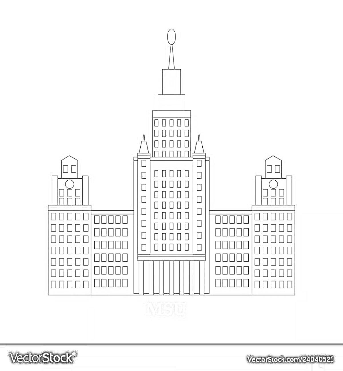 Раскраска Здание МГУ, центральная башня со шпилем, два боковых корпуса с башенками, колонны у главного входа