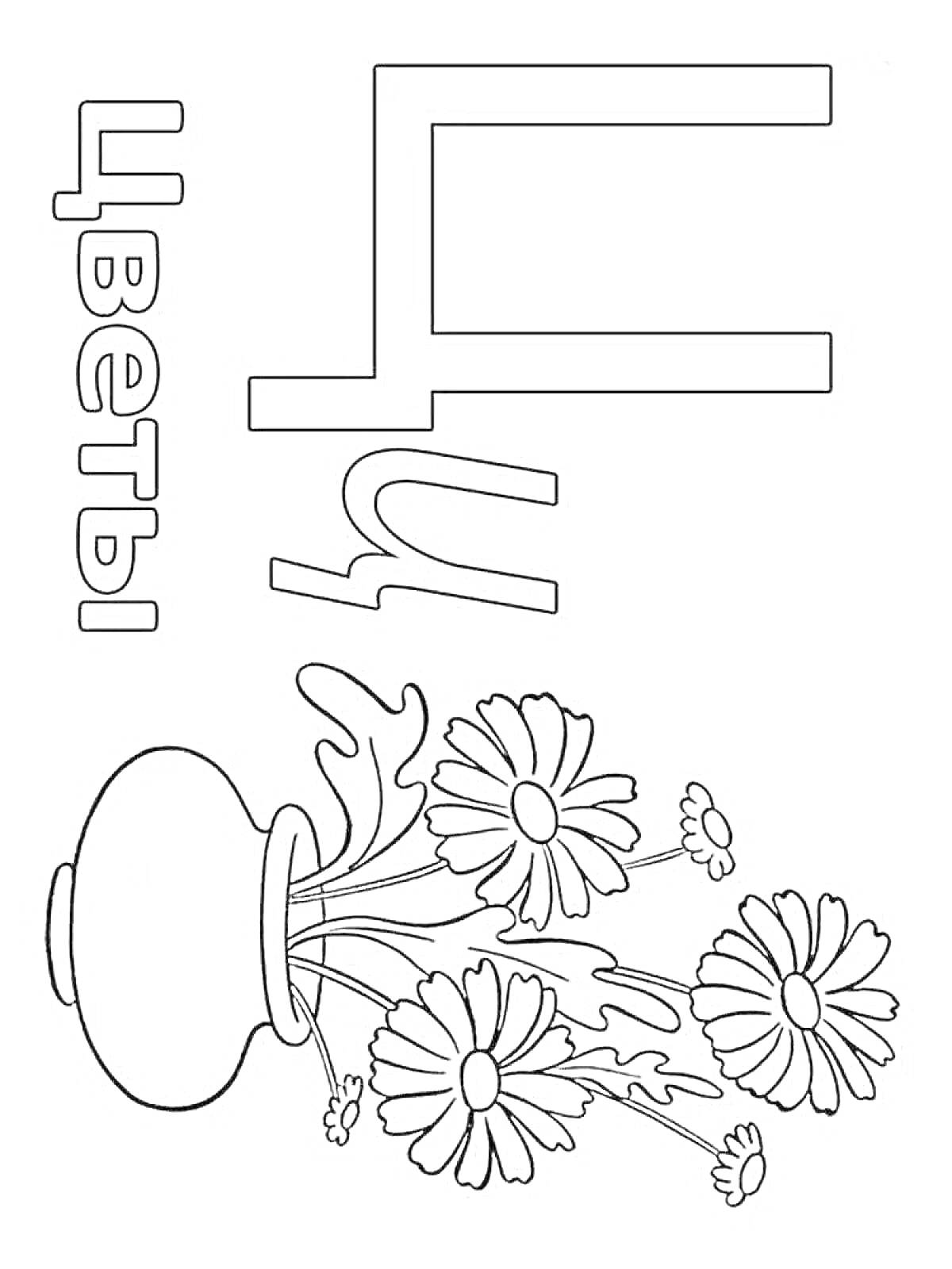 На раскраске изображено: Буква Ц, Цветы, Ваза