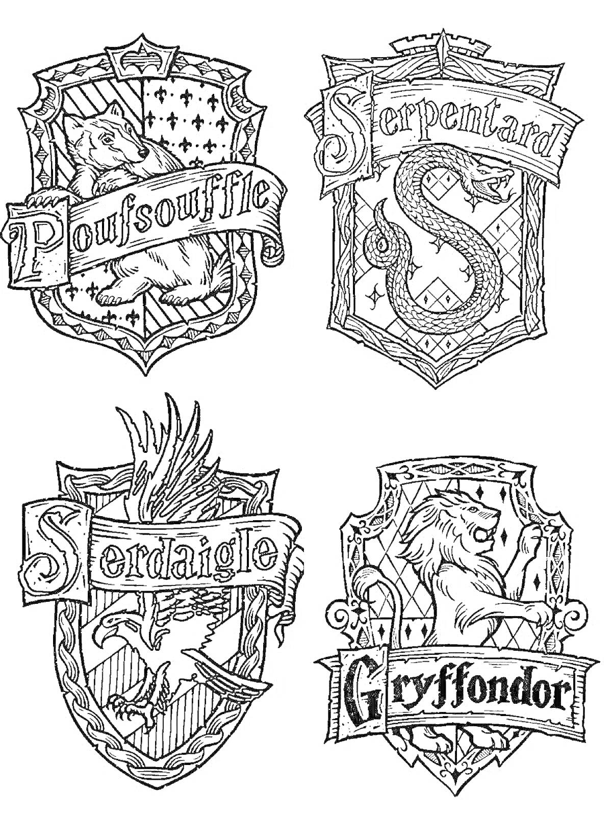 Раскраска Гербы факультетов Хогвартса - Пуффендуй, Слизерин, Когтевран, Гриффиндор, на гербах изображены барсук, змея, орёл и лев.