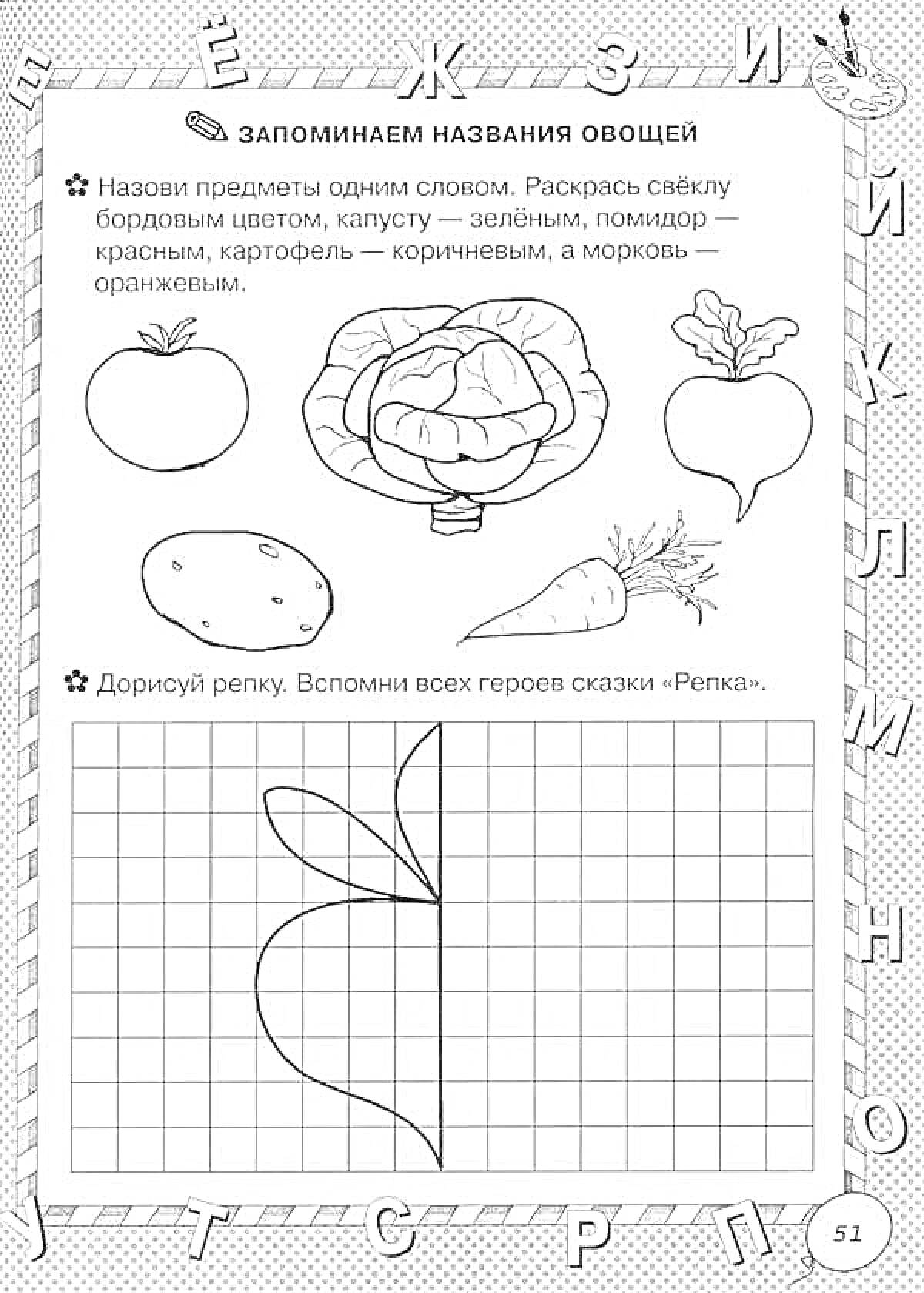 Раскраска с заданиями для детей 6-7 лет для подготовки к школе: запоминаем названия овощей (помидор, капуста, редька, картофель, морковь) и дорисовка репки по клеточкам