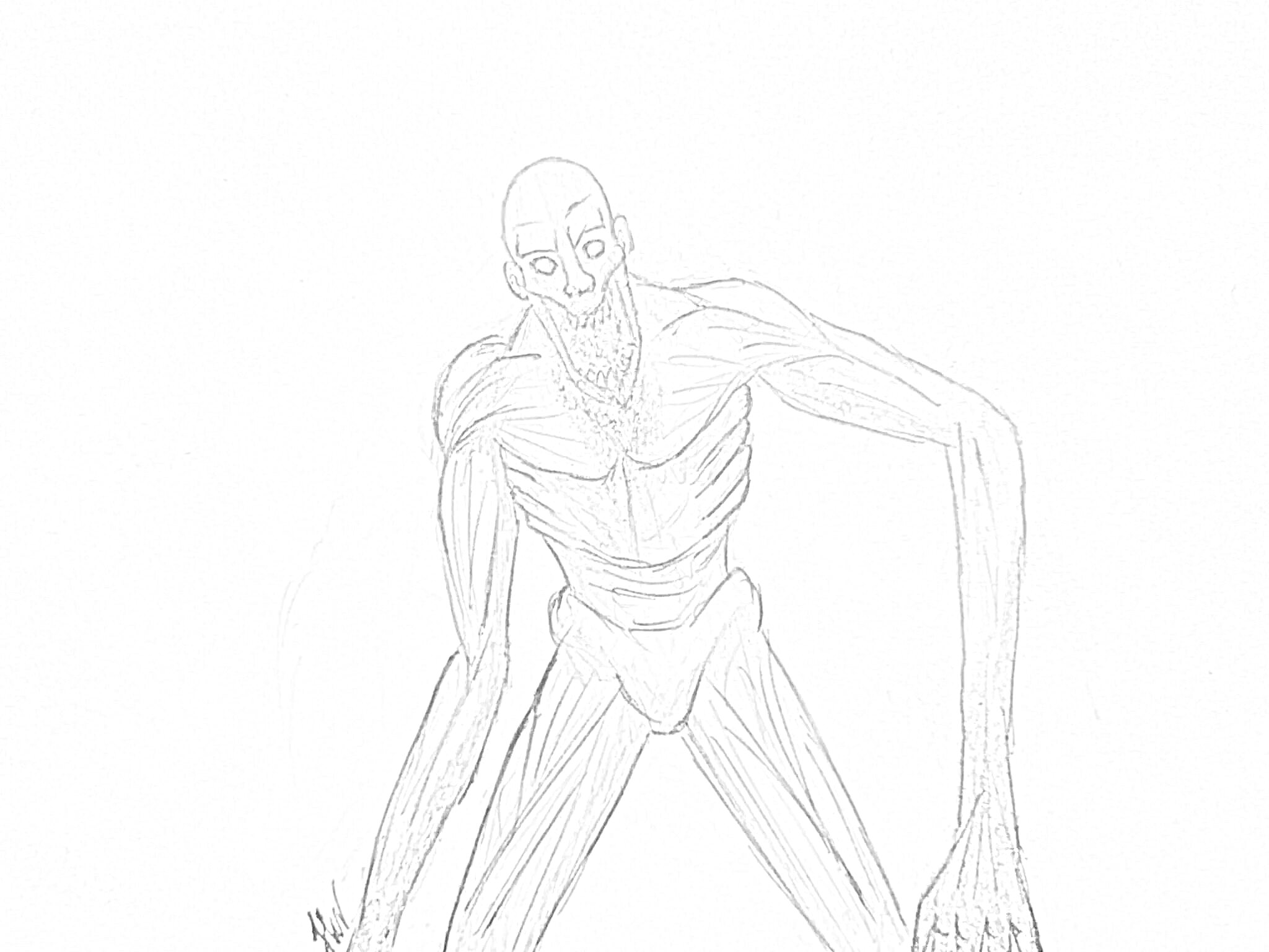 Раскраска Ужасное существо SCP-096 с длинными руками и выраженным телосложением