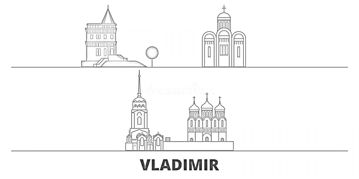 Раскраска Изображение города Владимир с основными достопримечательностями: фрагмент крепостной стены, башня, дерево, церковь, колокольня, собор.