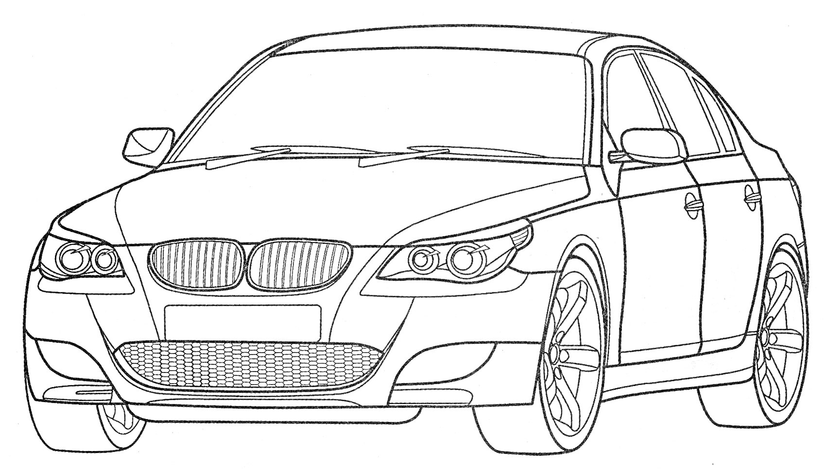 Раскраска Линия раскраски автомобиля BMW с передним обзором, фарами, капотом, боковыми зеркалами, дверями, колесами и радиаторной решеткой.