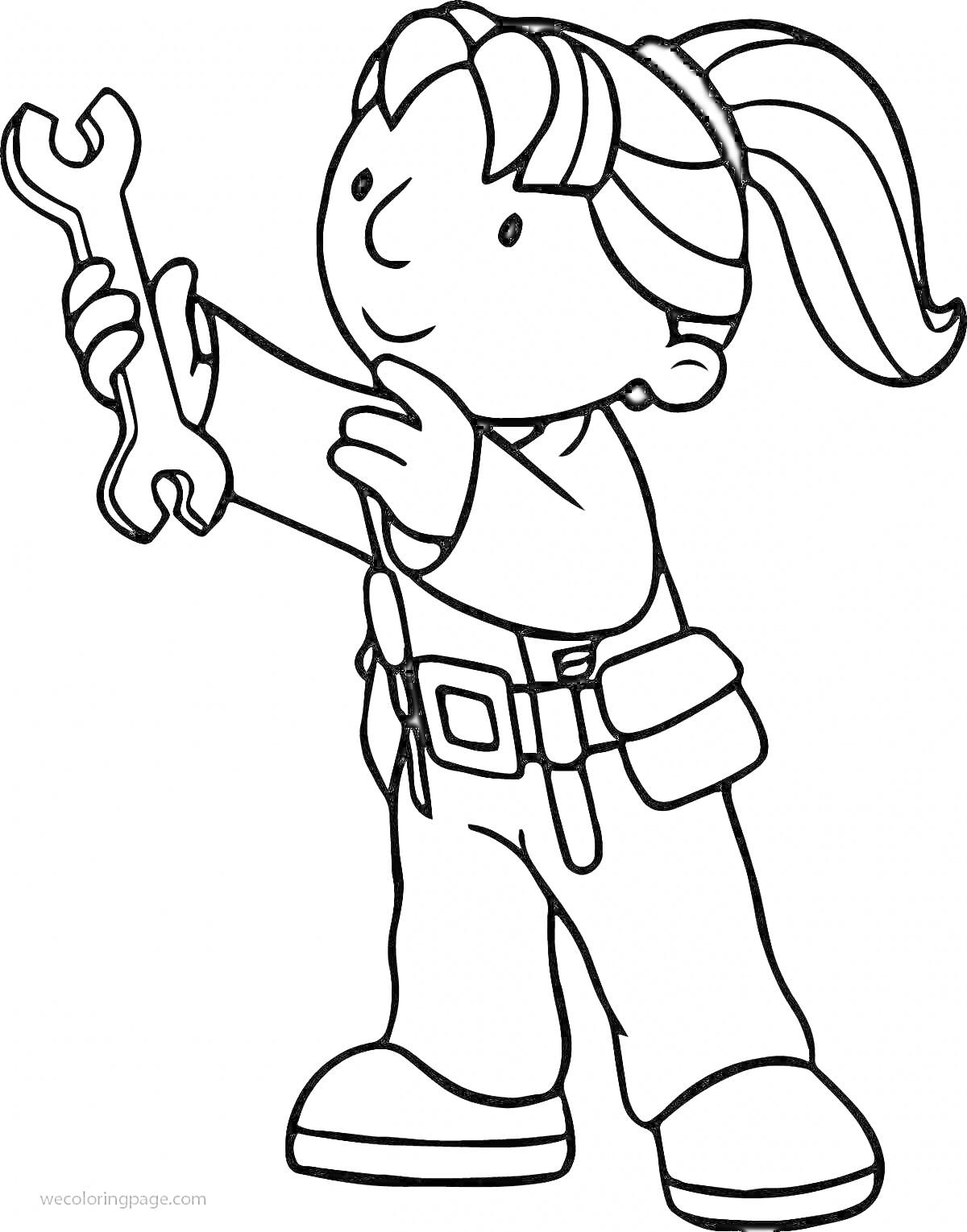 Раскраска Девочка-маляр с гаечным ключом в руках, ремень с инструментами на поясе