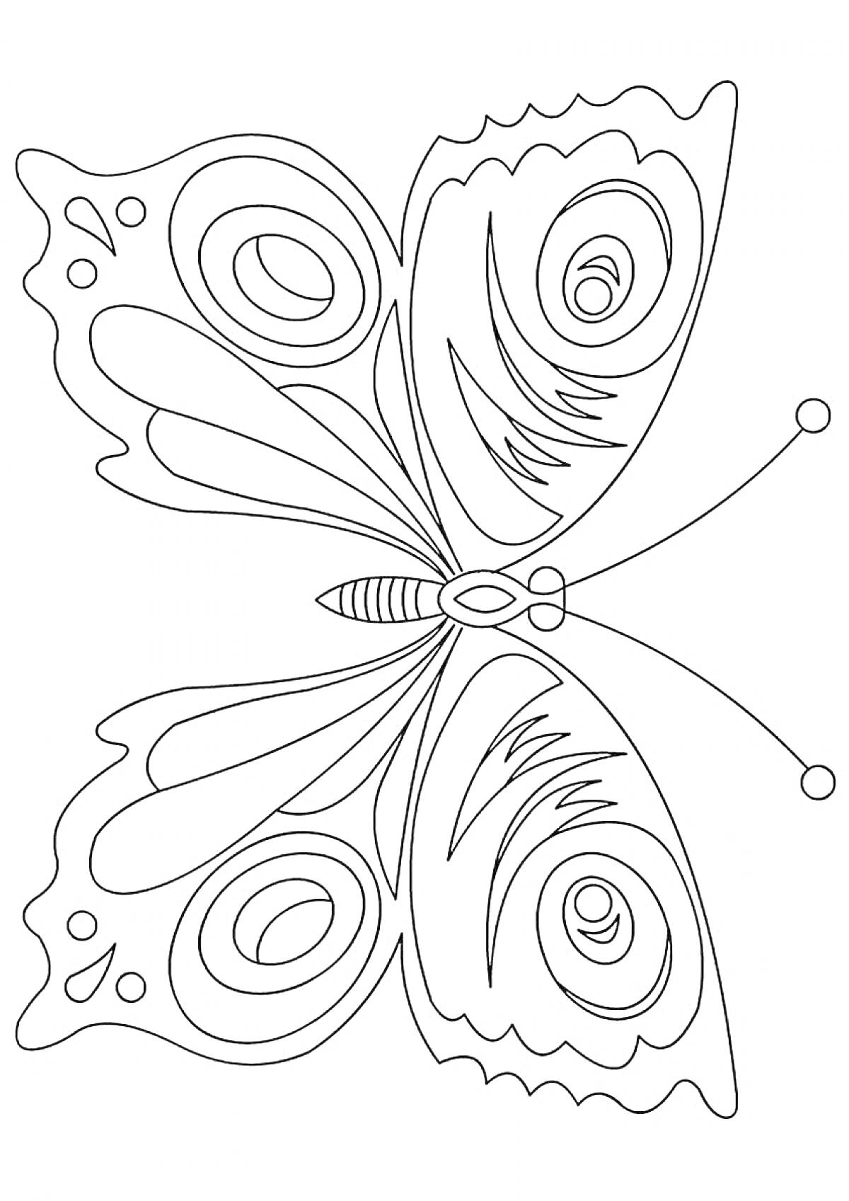 На раскраске изображено: Бабочка, Павлиний глаз, Узоры, Круги, Крылья, Антенны
