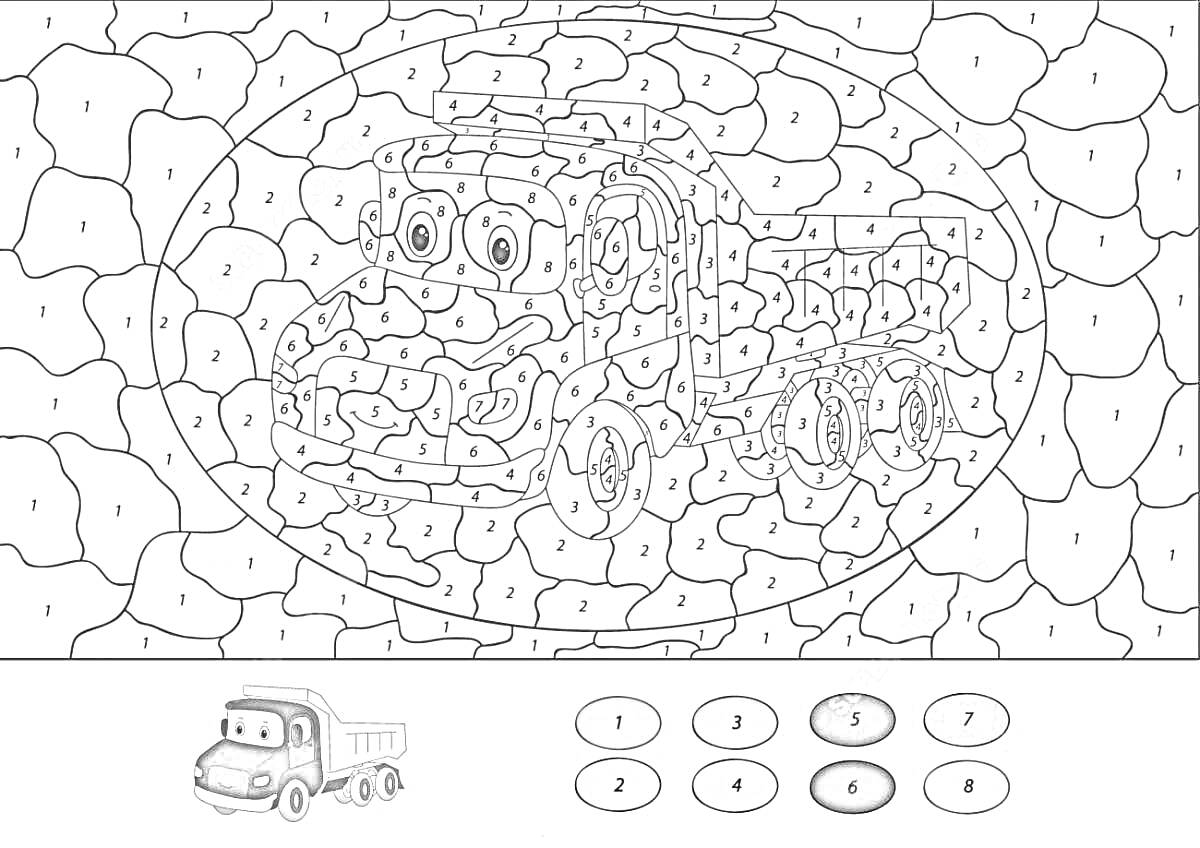 Раскраска Грузовик на фоне узоров с цифрами для раскрашивания