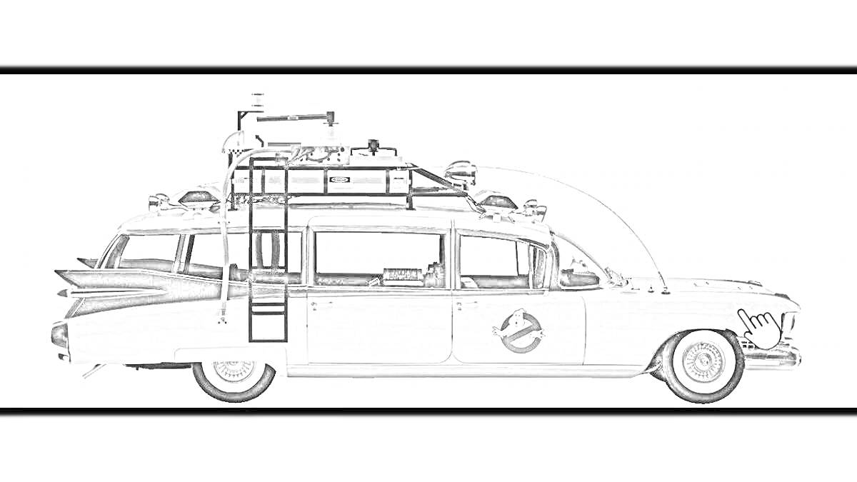Раскраска Машина охотников за привидениями с оборудованием на крыше и логотипом на дверях