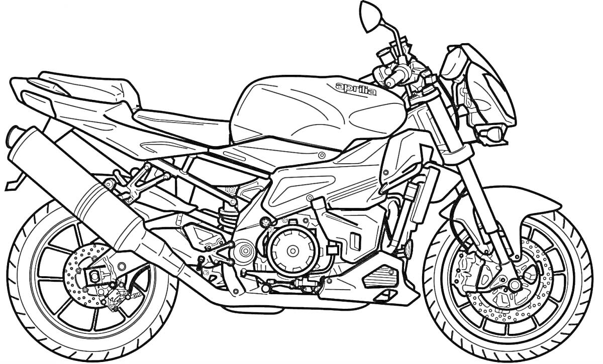 Раскраска Мотоцикл сбоку с элементами двигателя, колесами, рулем и глушителем