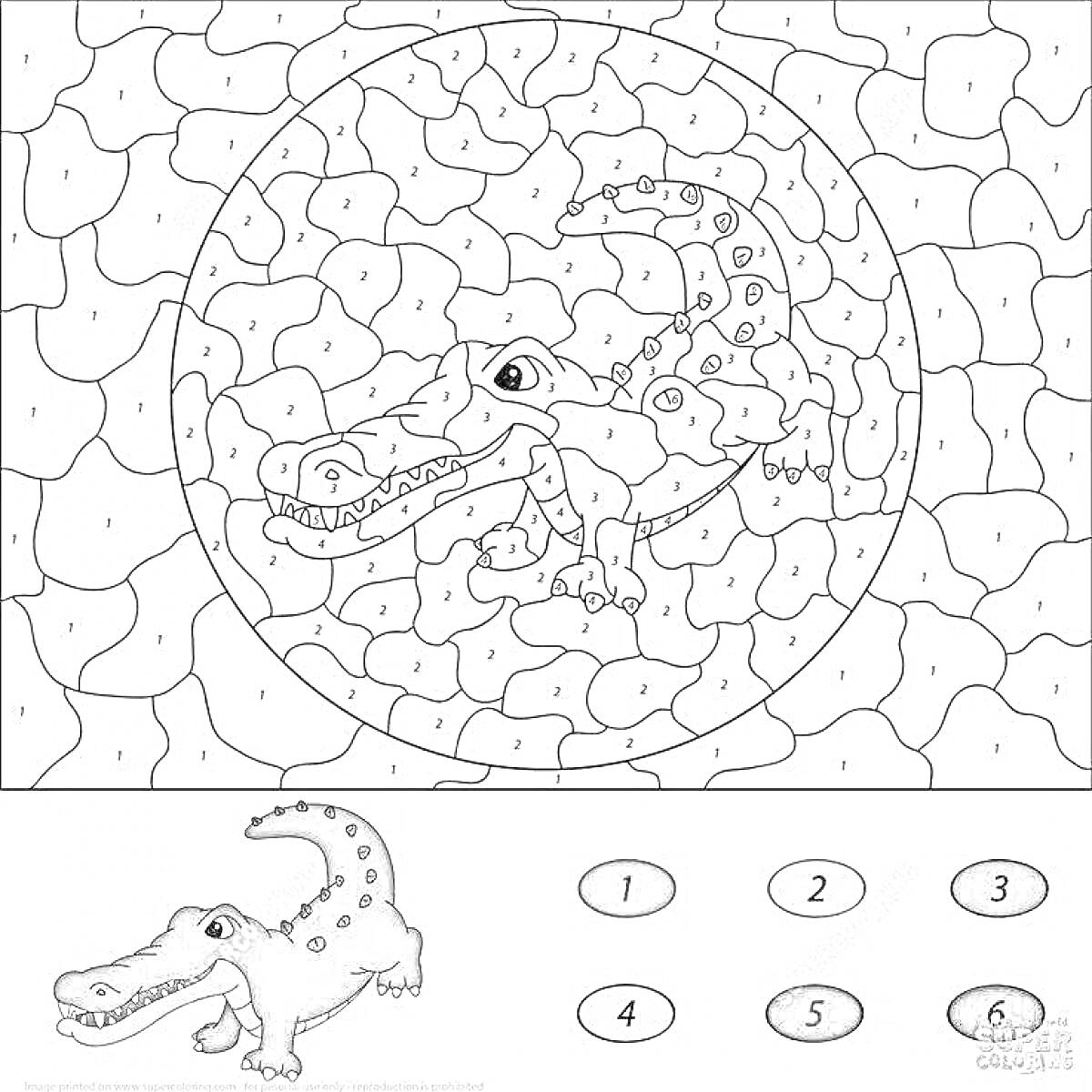 На раскраске изображено: По номерам, Крокодил, Цифры, Мозаика, Животные