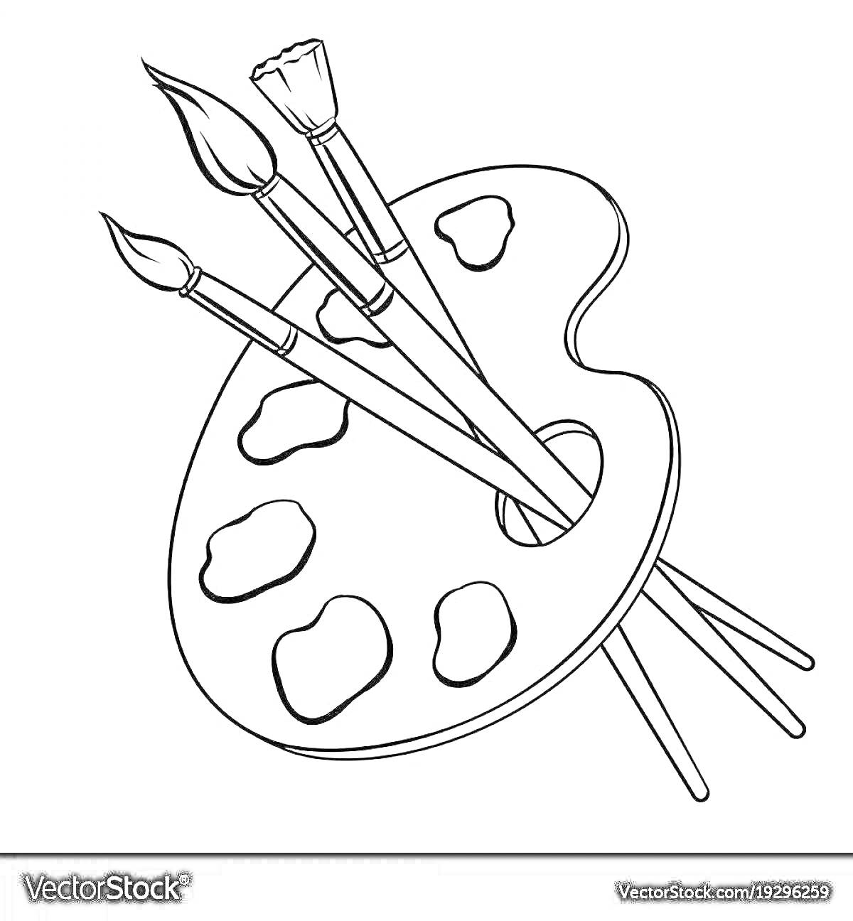 Раскраска Палитра с тремя кисточками и красками