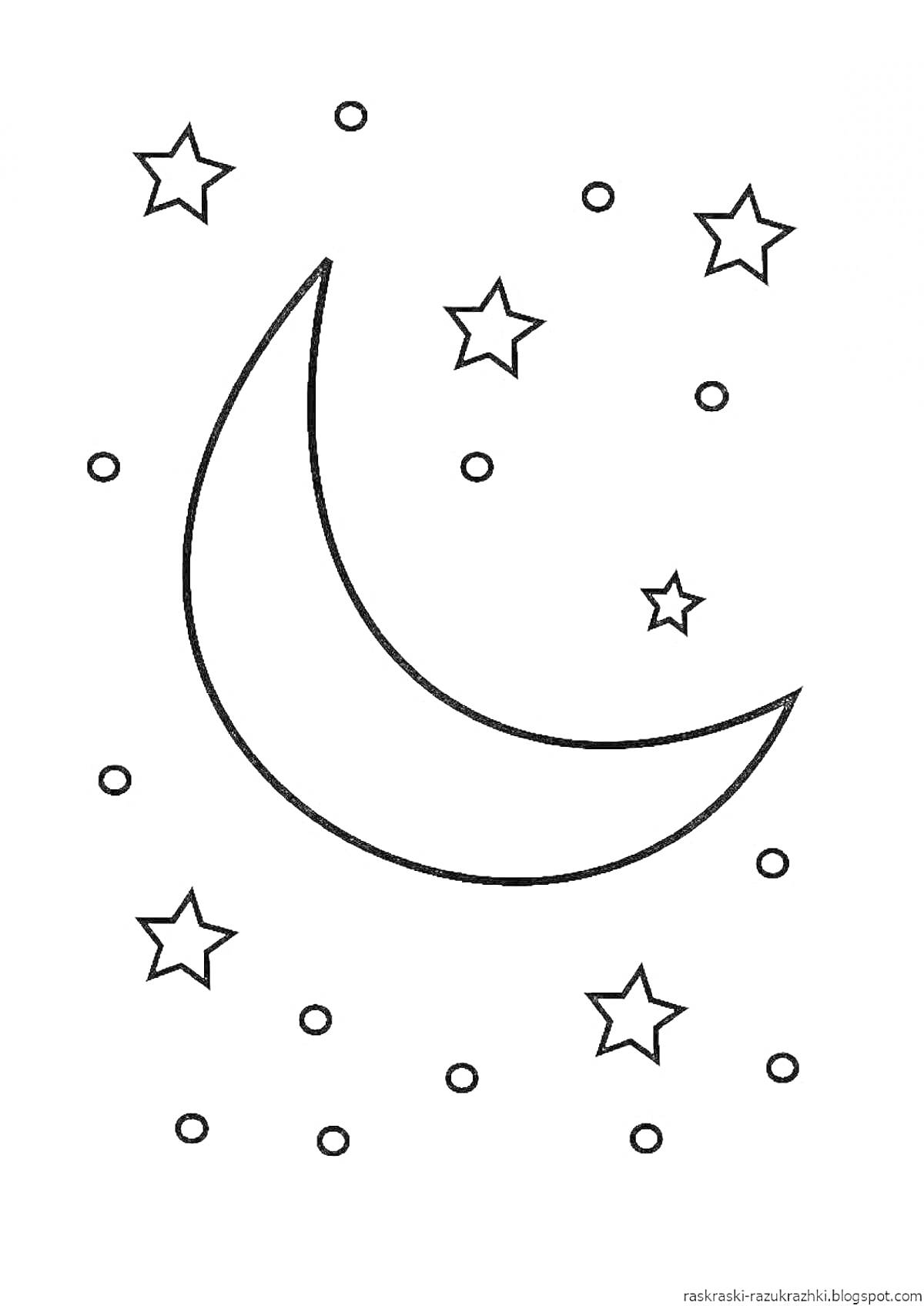 На раскраске изображено: Полумесяц, Звезды, Астрономия, Космос, Небо