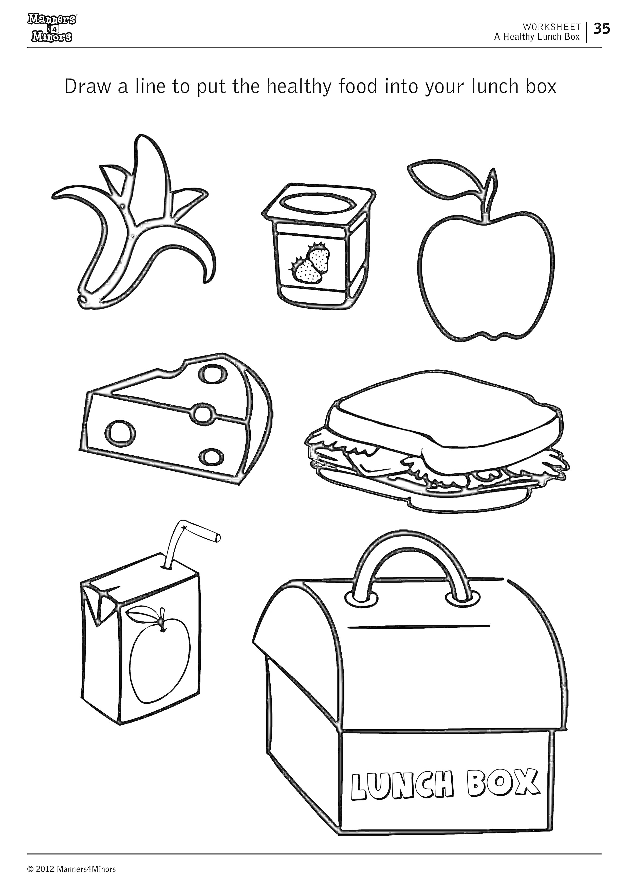 На раскраске изображено: Банан, Йогурт, Яблоко, Сыр, Бутерброд, Пакет сока, Еда, Школьный обед