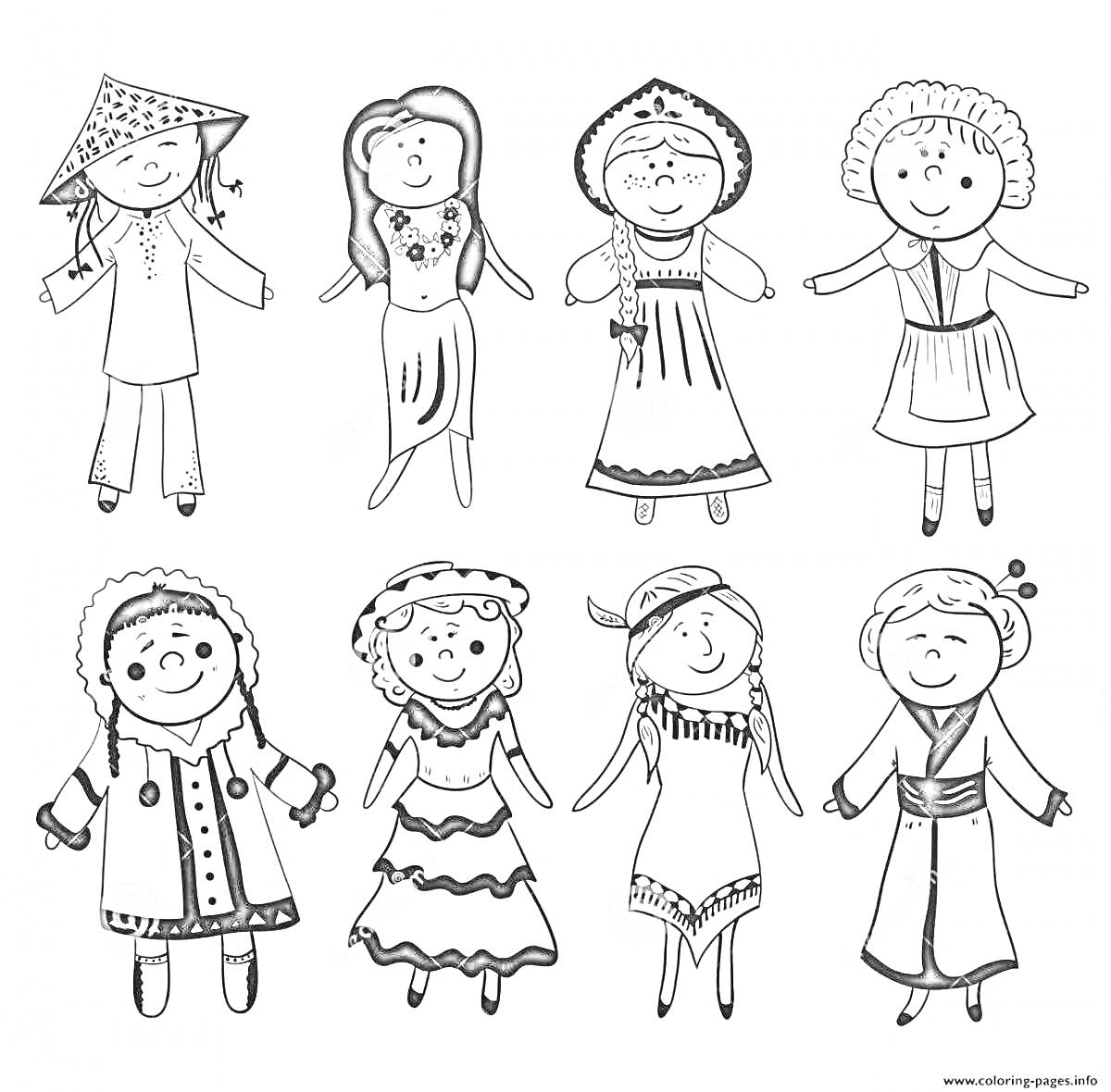Раскраска Дружба народов, дети в народных костюмах из разных стран