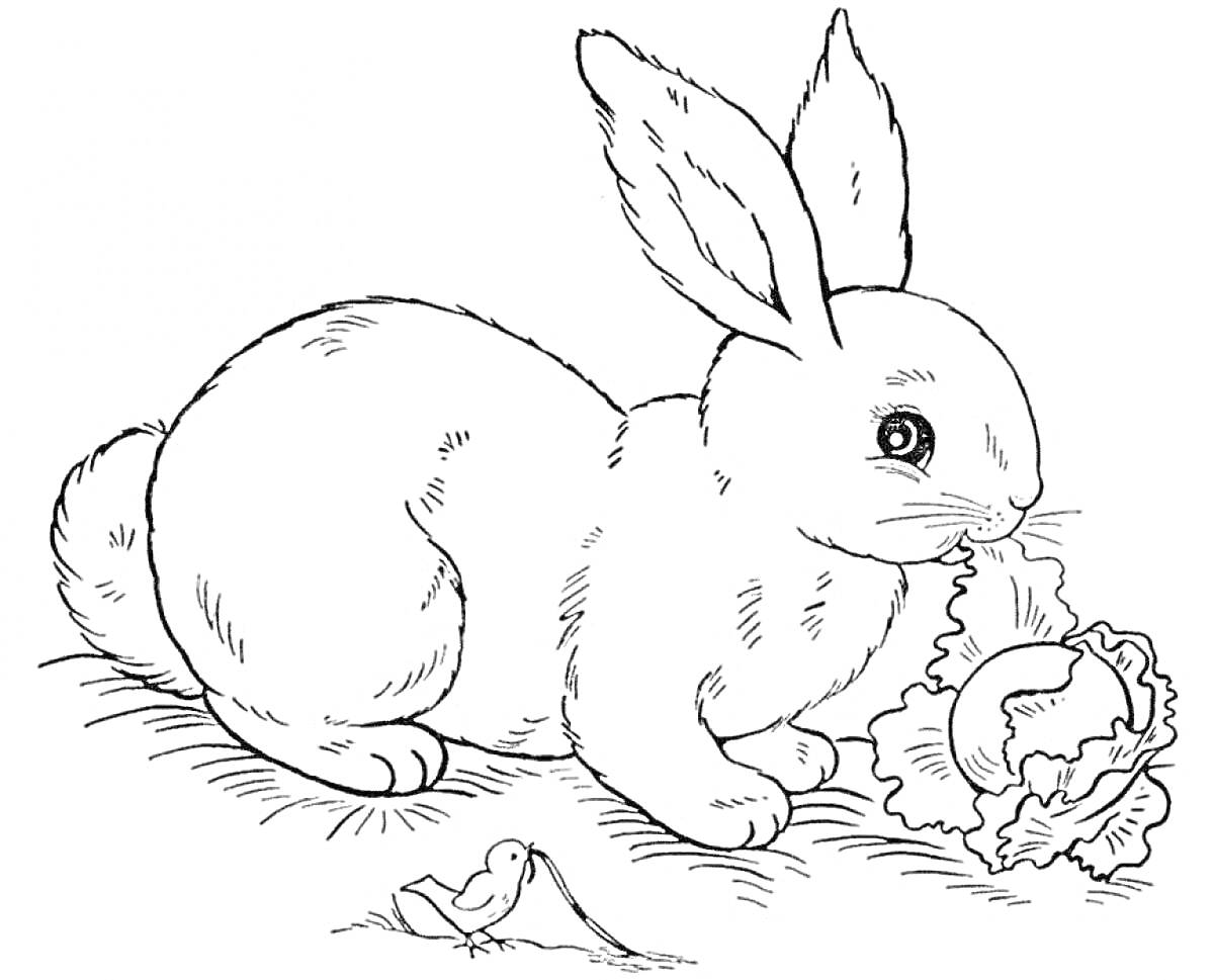 Раскраска Заяц ест капусту, рядом - птица