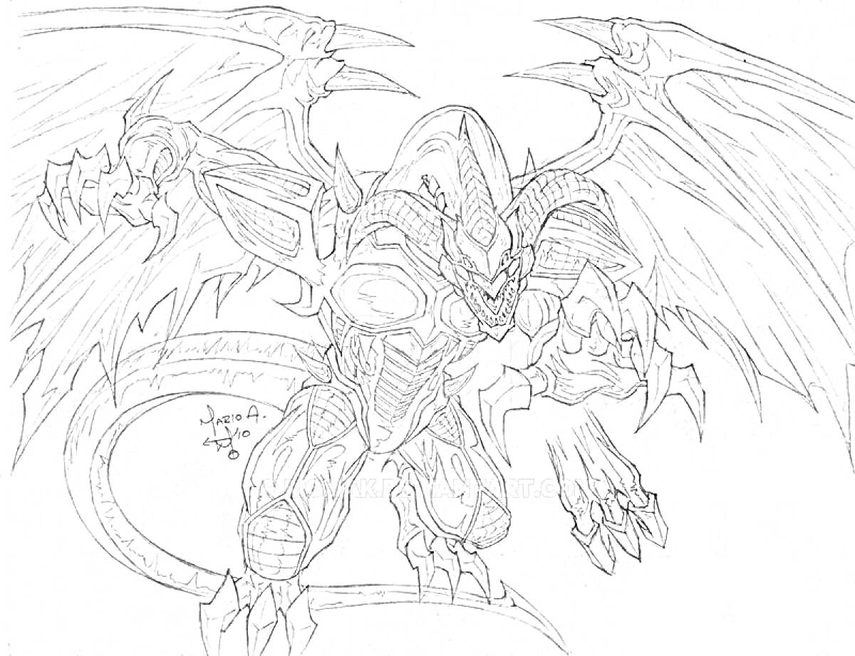 На раскраске изображено: Крылья, Когти, Шипы, Броня, Хвост, Рога