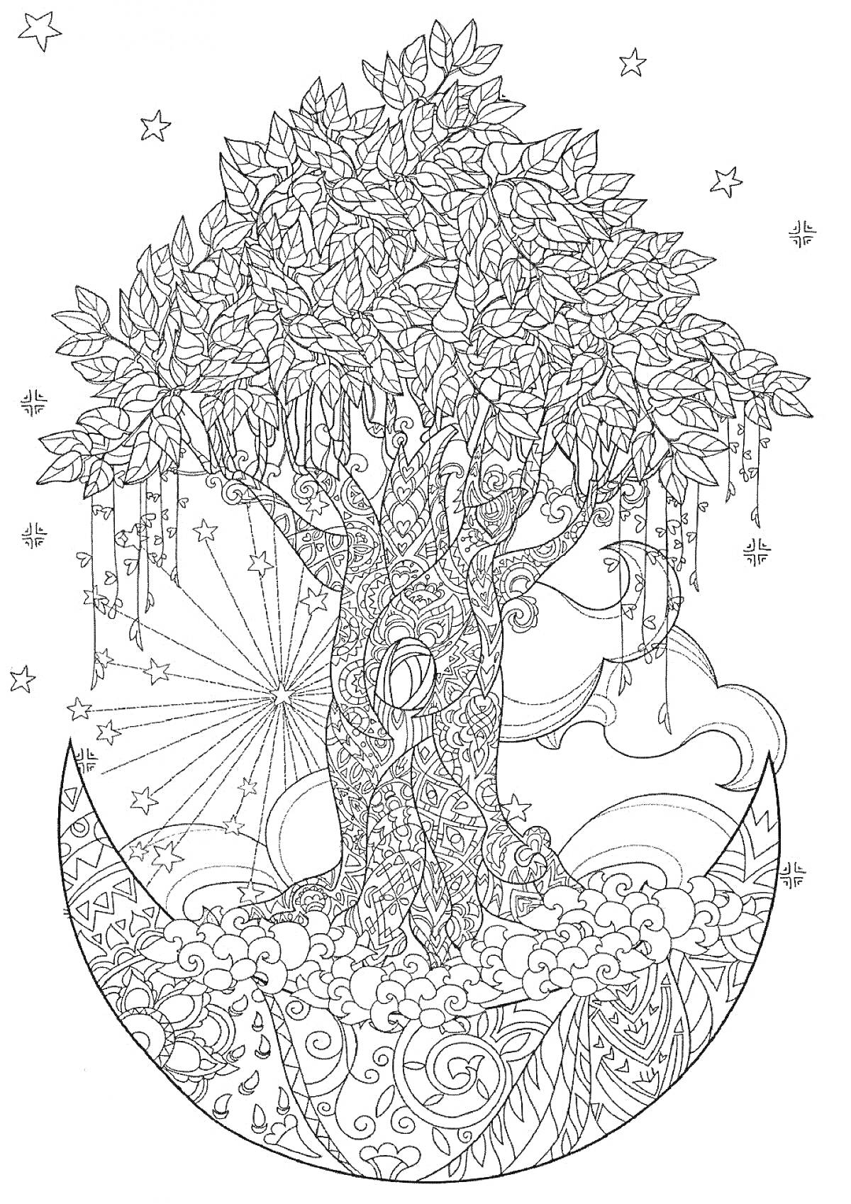 На раскраске изображено: Листья, Подвески, Луна, Облака, Звезды, Природа, Небо