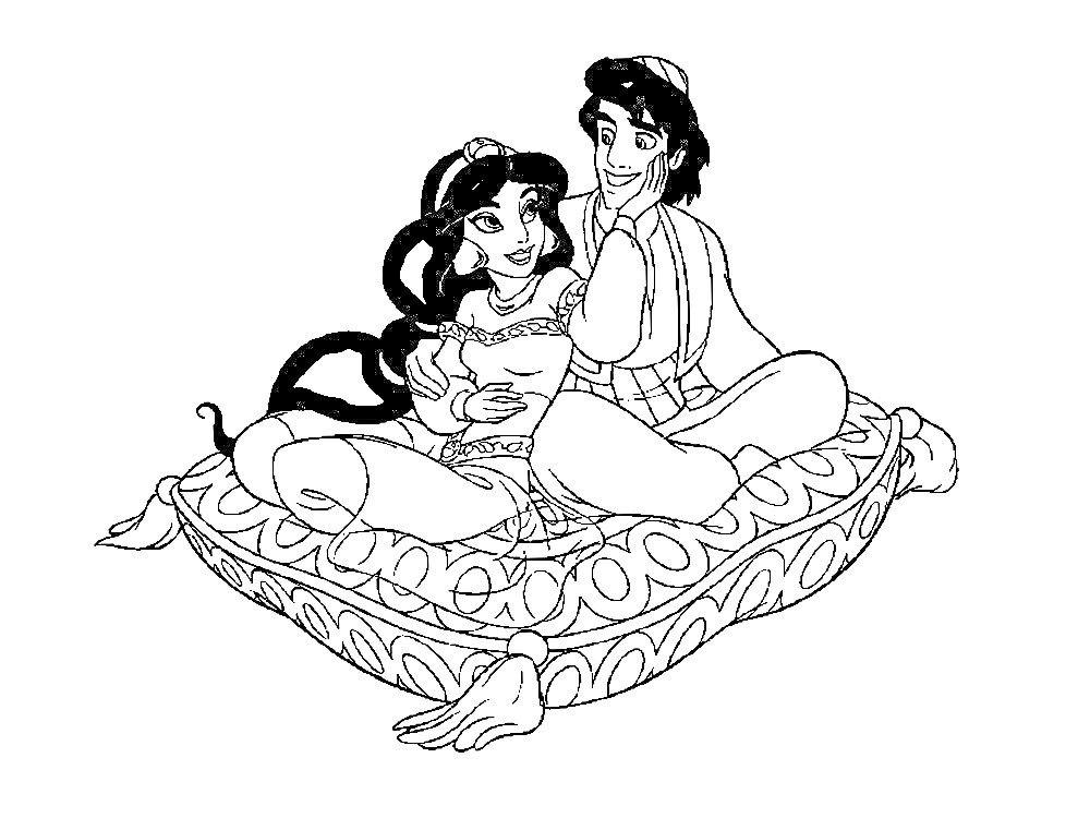 Раскраска Аладдин и Жасмин сидят на летающем ковре
