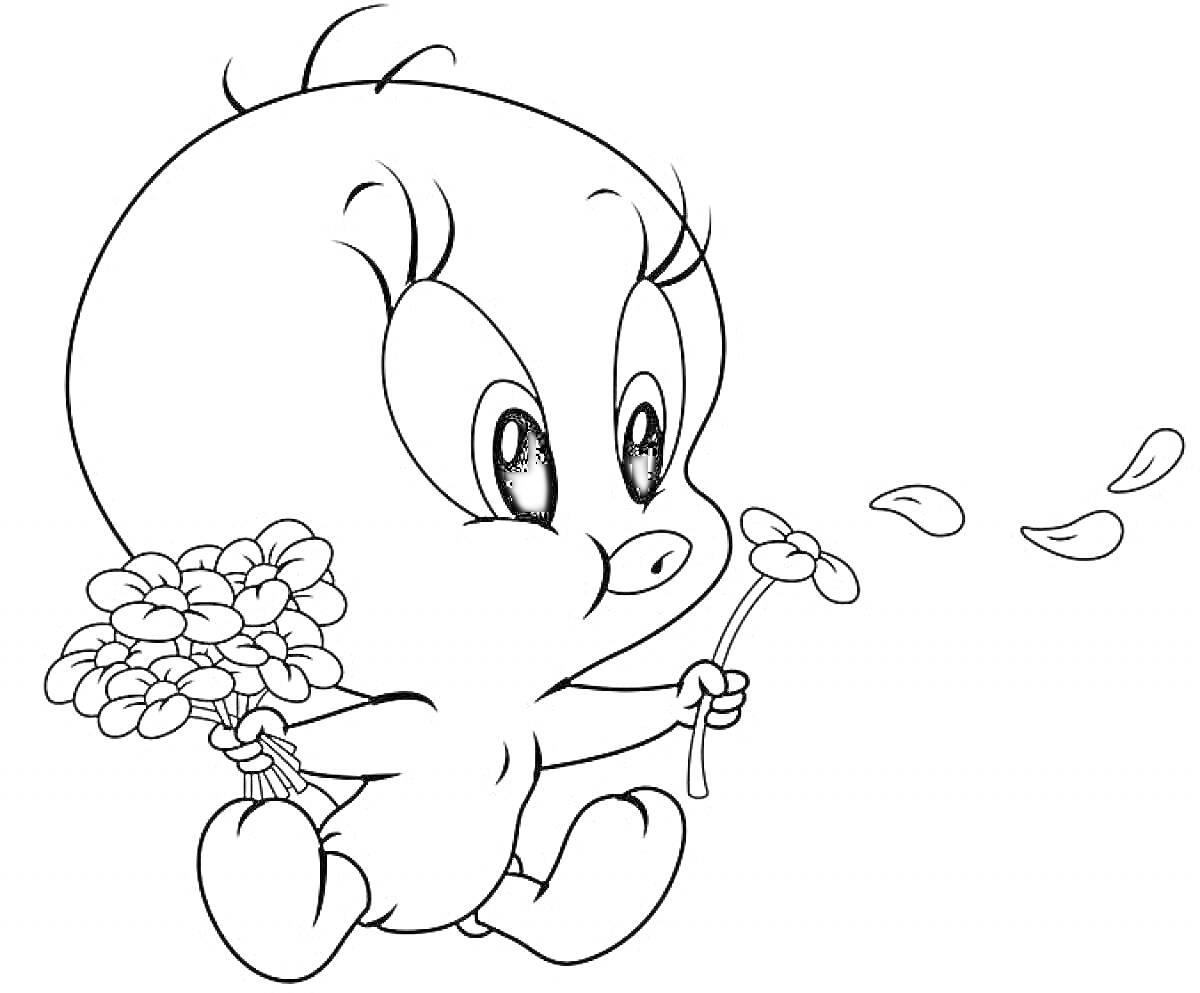 Раскраска Мультяшный персонаж с букетом цветов и сорванным цветком, летящие лепестки
