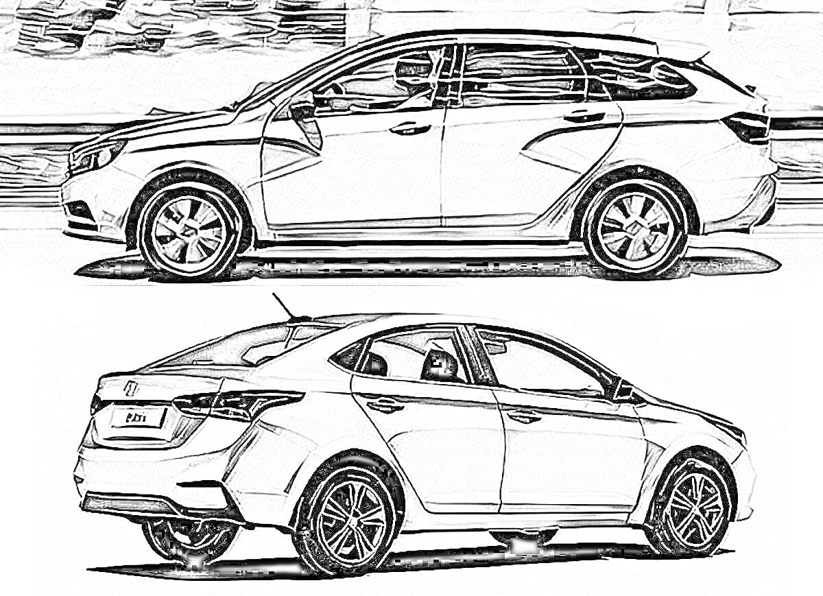 Раскраска Два автомобиля Лада Веста: боковой вид универсала и задний вид седана