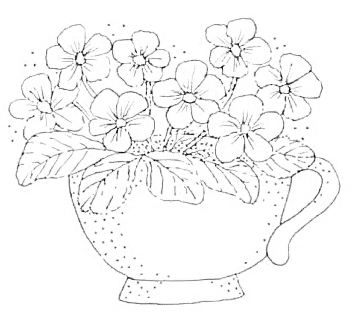 На раскраске изображено: Фиалка, Цветы, Листья, Цветок в горшке
