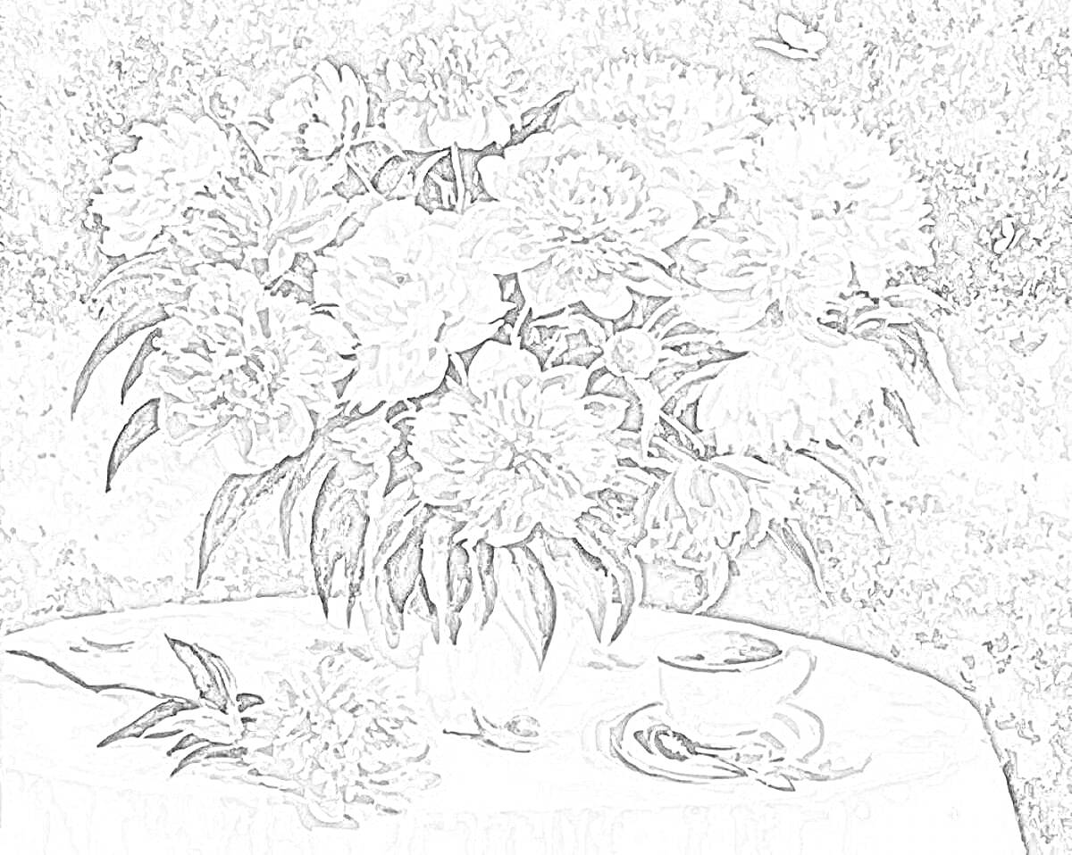На раскраске изображено: Пионы, Цветы, Ваза, Стол, Бабочка, Натюрморт, Природа, Искусство