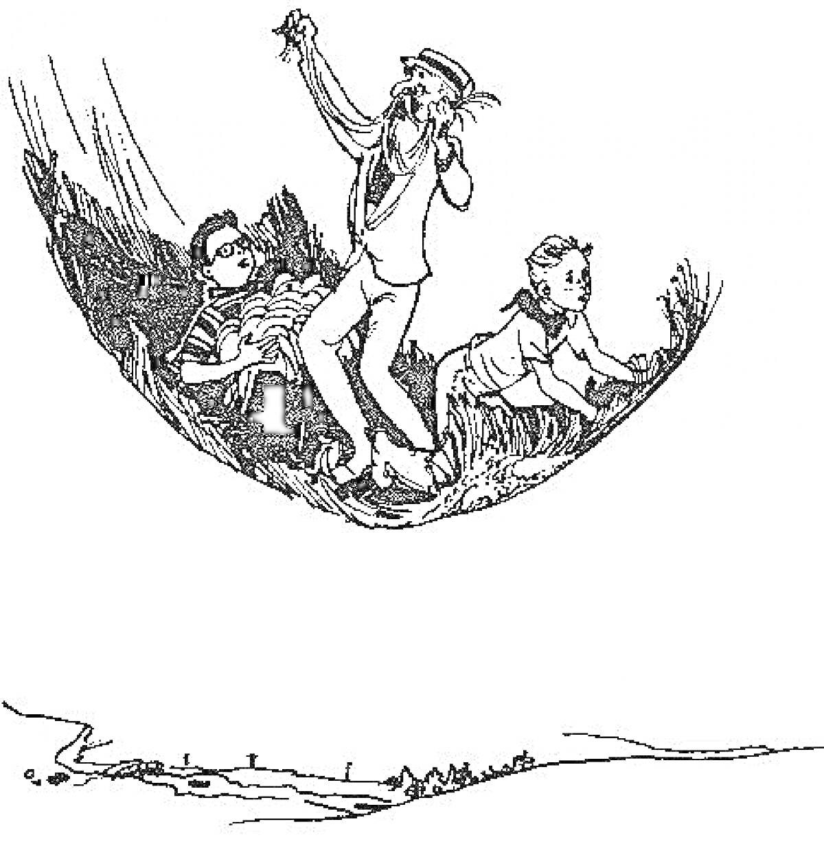 Раскраска Старик Хоттабыч с мальчиками летят на ковре-самолете. Один мальчик спит с книжкой в руках, другой держится за ковёр, Хоттабыч держит бороду.
