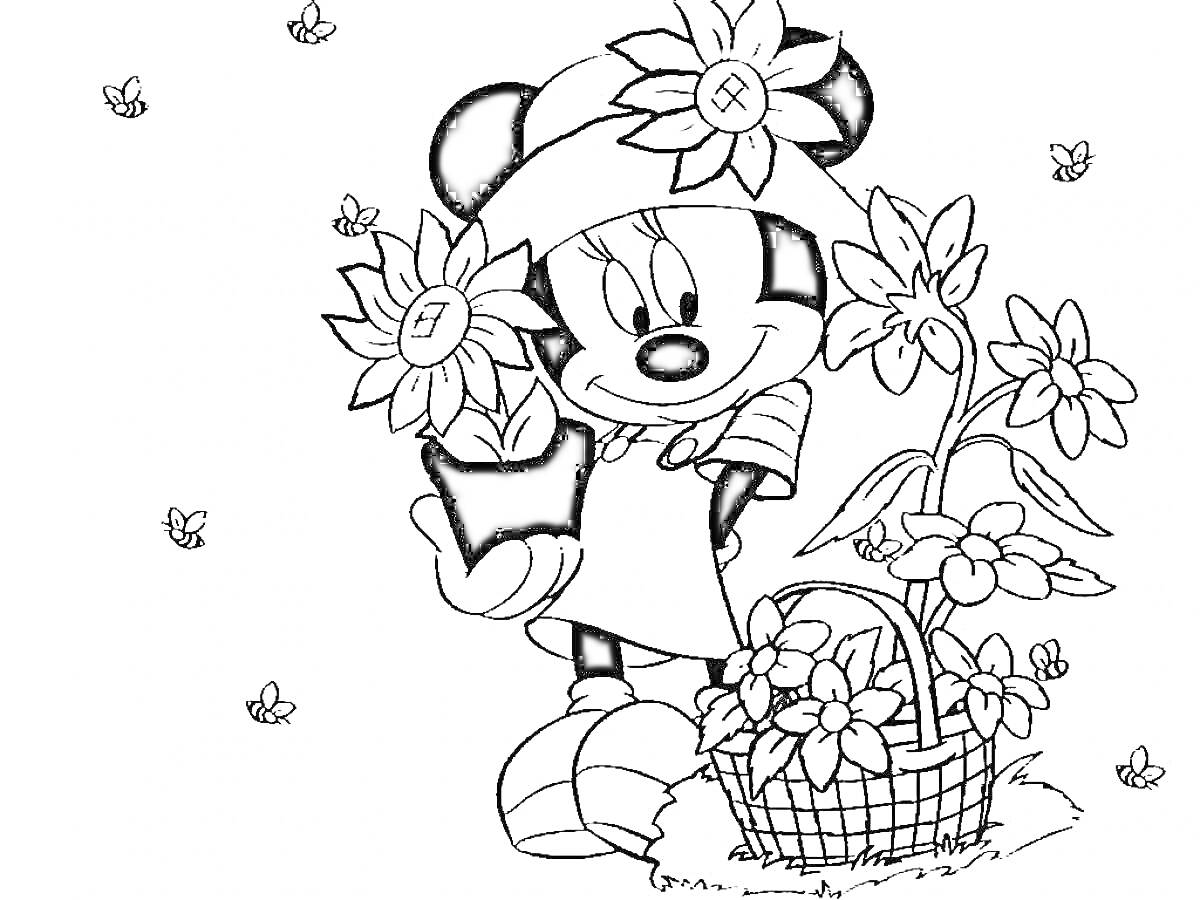 Раскраска персонаж в шляпе с цветами, сажает цветы в саду