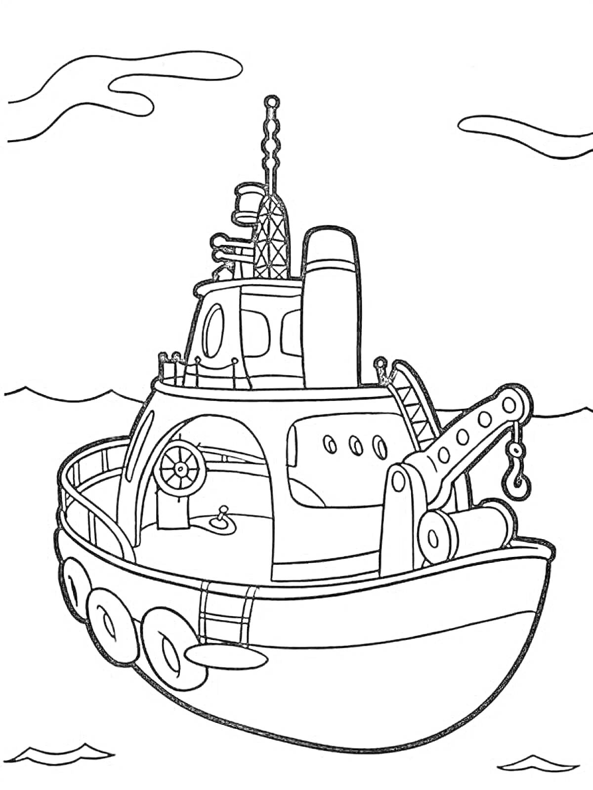 На раскраске изображено: Буксир, Корабль, Море, Облака, Для детей, Судно, Вода, Вышка