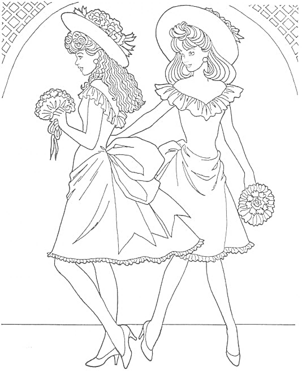 Раскраска Две девушки-модели в шляпах и платьях с букетами на фоне арки