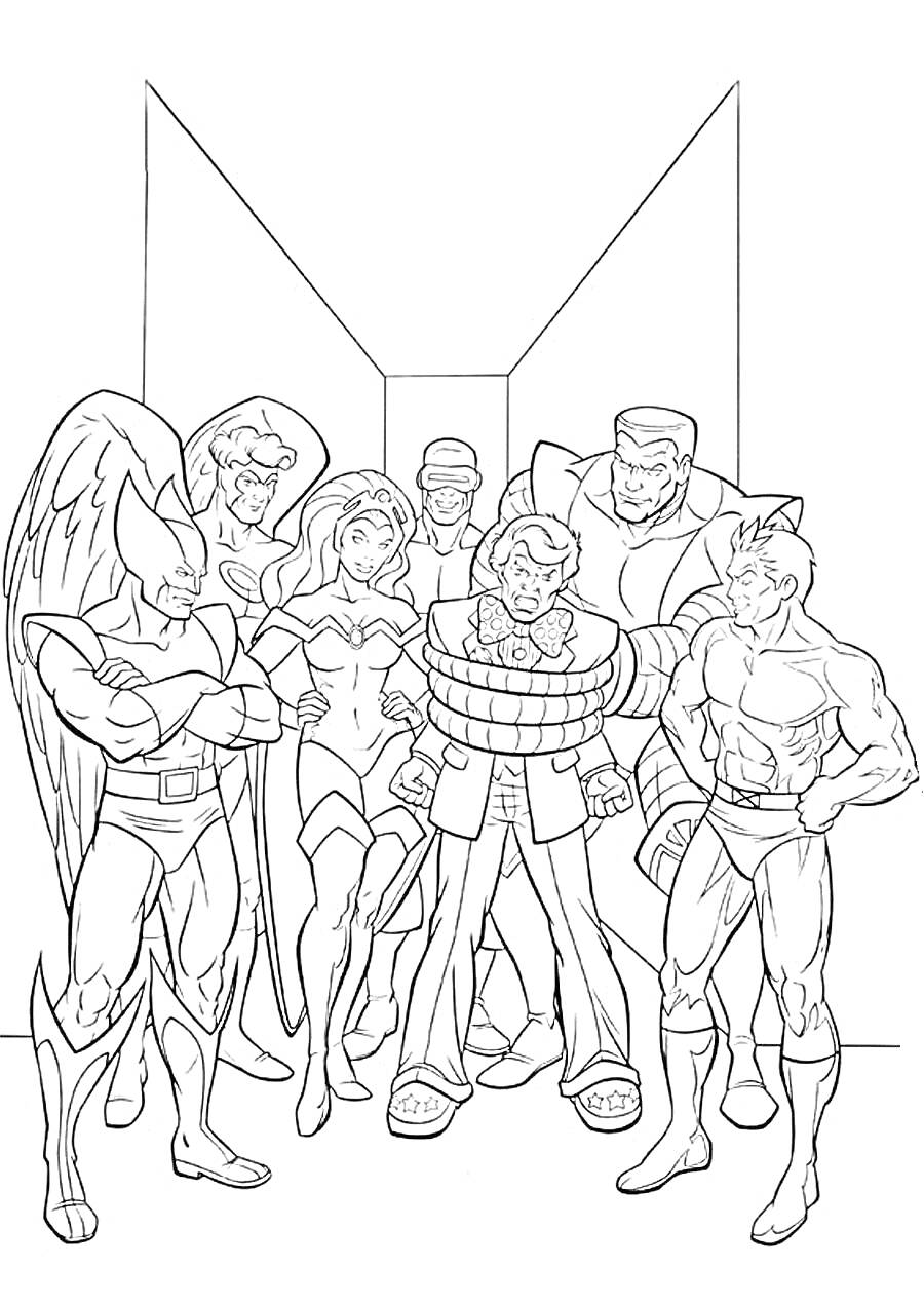 Раскраска Люди Икс с членом команды, обмотанным длинными руками-пружинами среди других героев