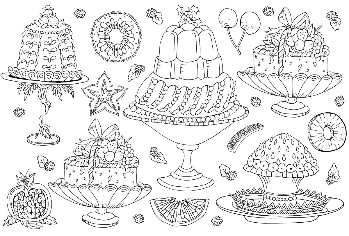 Раскраска Десерты (торты, пирожные, пироги, карамельные яблоки, фруктовые ломтики)