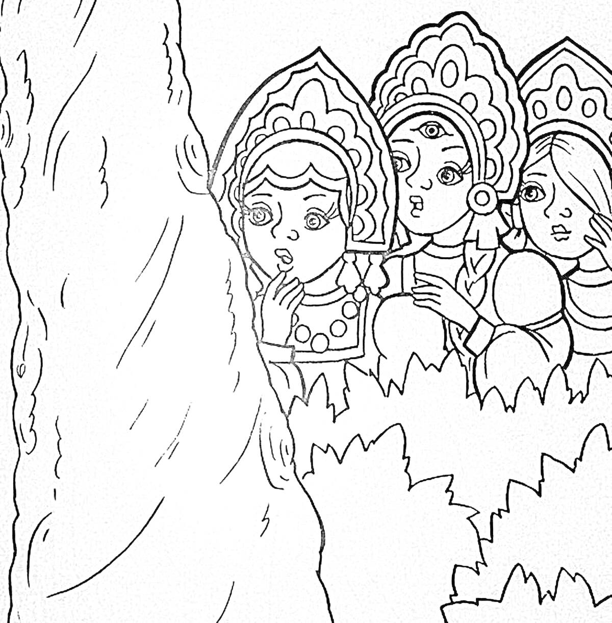 Раскраска Девушки в традиционных нарядах у дерева, окруженные кустами