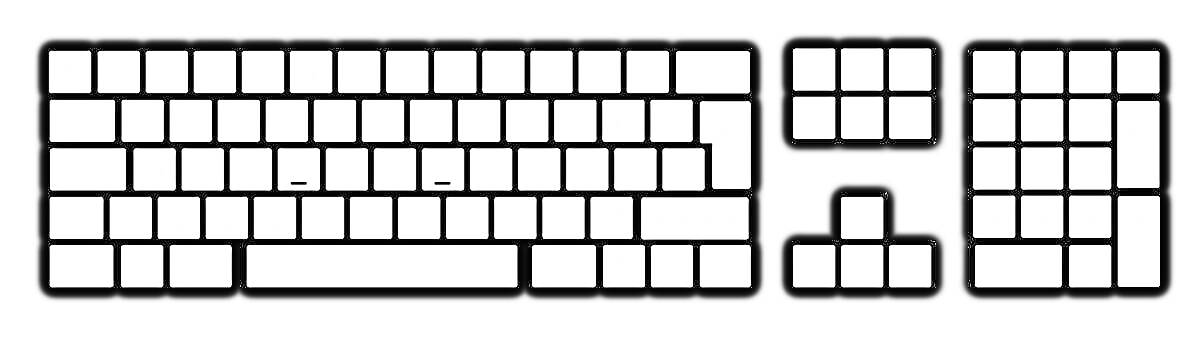Раскраска Раскраска клавиатура: буквенные клавиши, функциональные клавиши, цифровой блок, клавиши управления курсором и цифровая клавиатура.