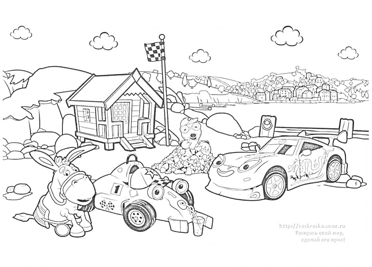 Раскраска Дом с машинами и ослом возле дороги, горы и дома на заднем плане, флаг с клетчатым узором на полустанке, небо с облаками
