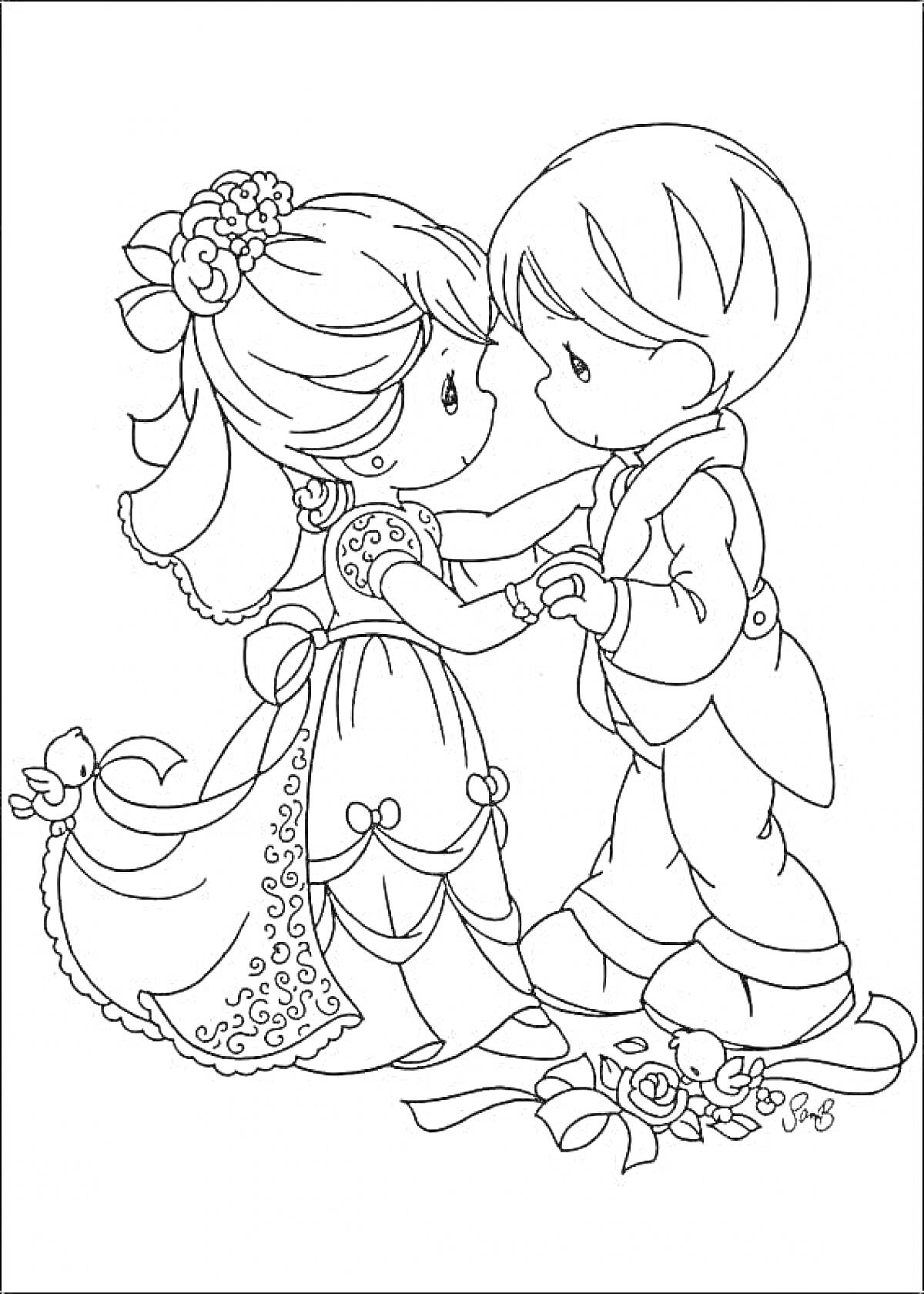 На раскраске изображено: Мальчик и девочка, Свадебное платье, Костюм, Букет роз, Свадьба, Держатся за руки