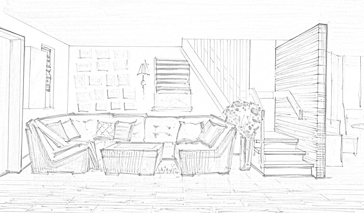Раскраска Гостиная с диванами, свечой, лестницей и стульями