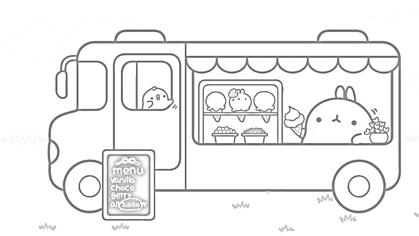 Раскраска Моланг и Пиу Пиу в фургоне с мороженым