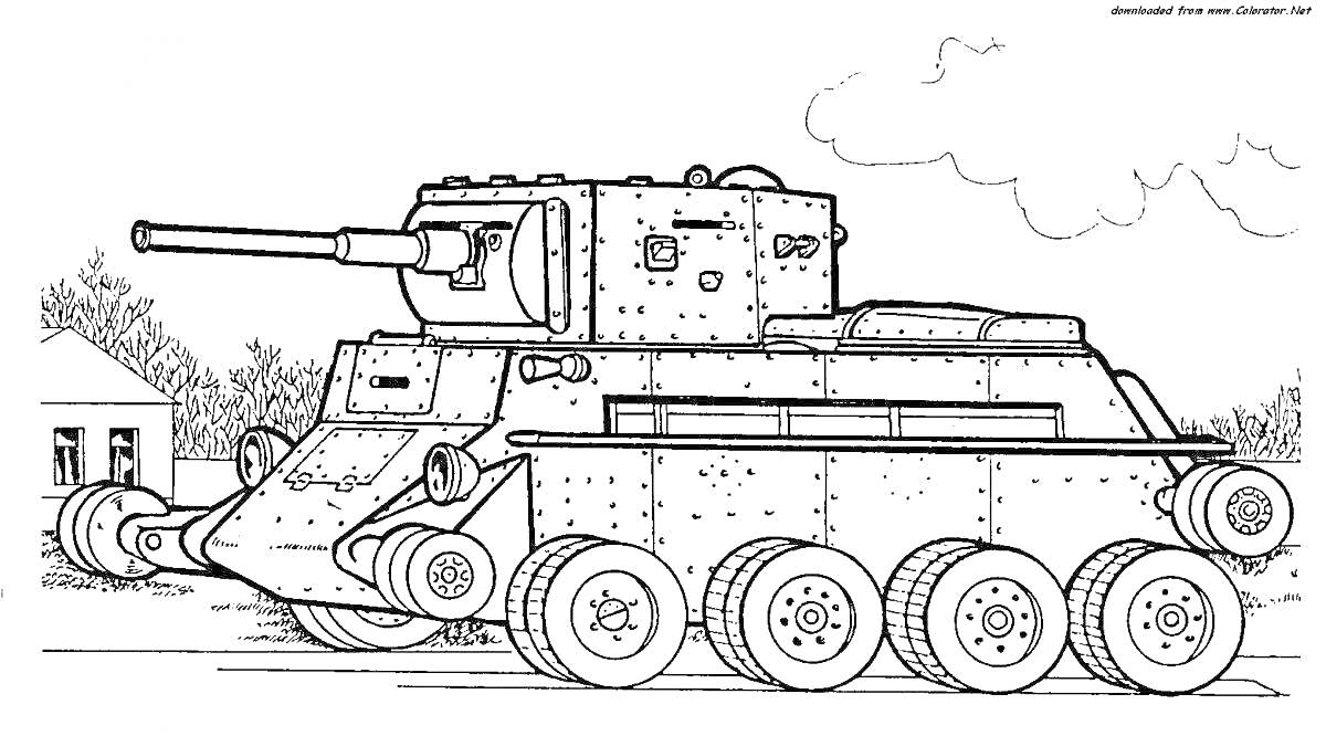 На раскраске изображено: Танк, Военная техника, Артиллерия, Боевые машины, Война, Ландшафт, Деревья, Дом, Облака, Дым, Колёса