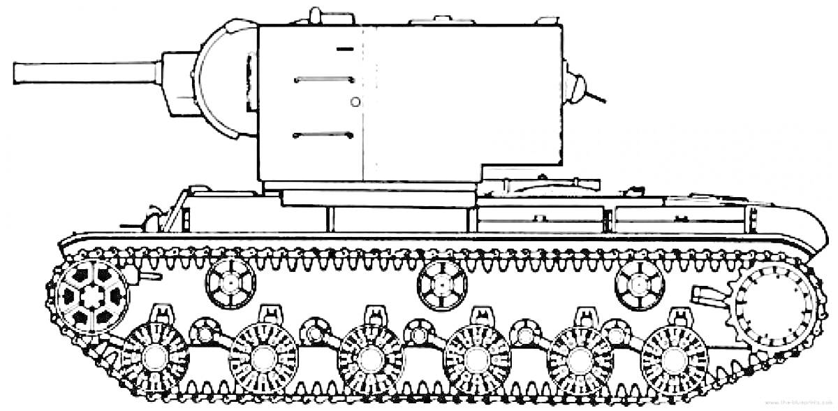 Раскраска Танковая раскраска с изображением танка КВ-44 с крупной башней и длинным стволом, гусеницами и колесами