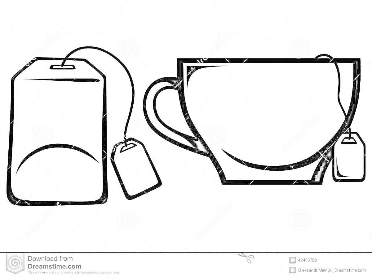 Раскраска Чашка с ярлыком чайного пакетика и отдельный чайный пакетик с ярлыком